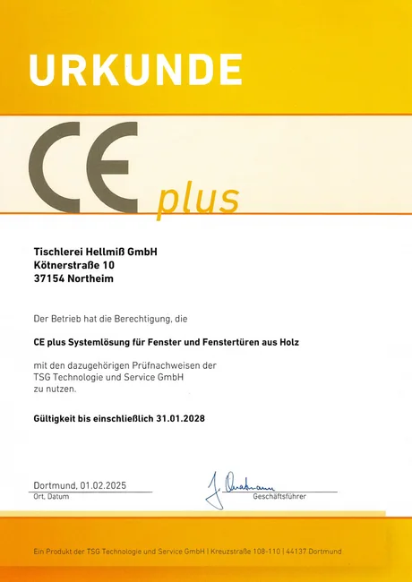 CE-plus-Urkunde der Tischlerei Hellmiß GmbH für Fenster und Fenstertüren aus Holz