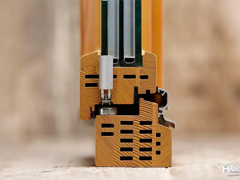 Profilecke des Hellmiß Holzfensters IV 87 Airo+ mit Isolationskanälen