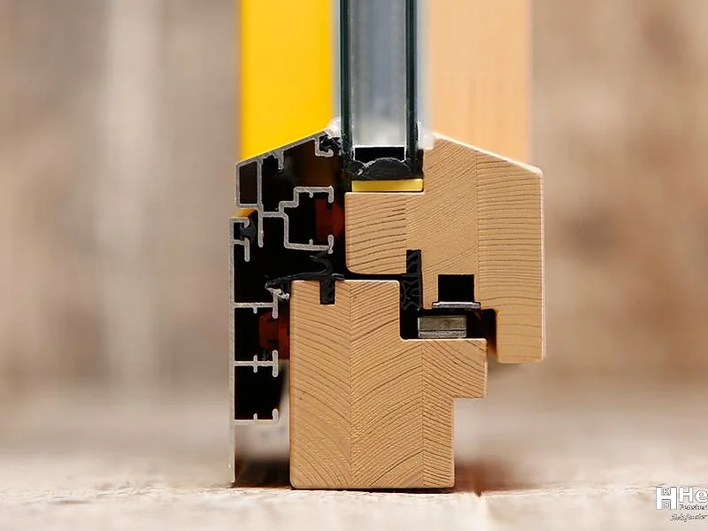 Profilecke Holz-Alu-Fenster System 12 mit gelber Aluschale