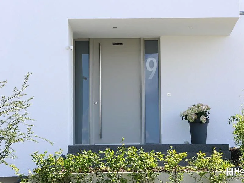 Moderne graue Haustür mit satinierten Seitenteilen und Hausnummer
